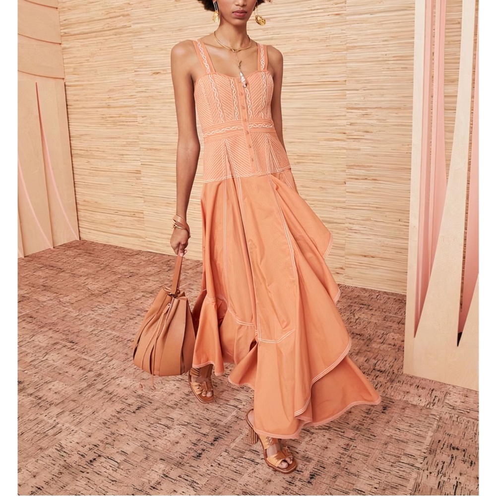 Ulla Johnson Peach Clay Nerida Midi Dress with Ruffled Skirt Size 8 - Picture 4 of 7